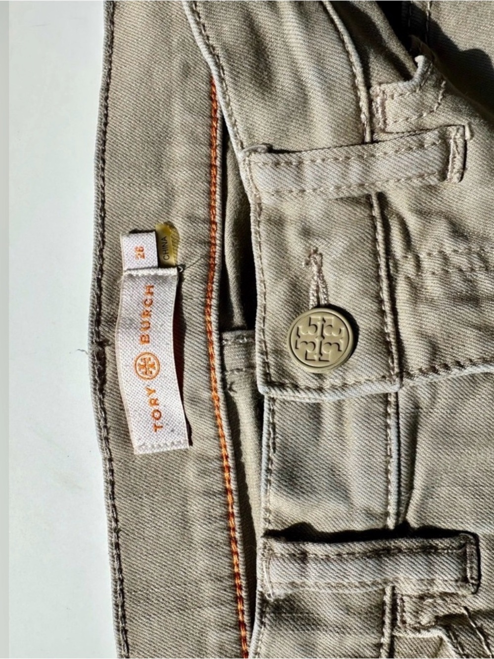 Tory Burch Emmy Stretch Skinny Olive Tan Women's Ankle Snap Pants Jeans, 26 - Picture 3 of 6